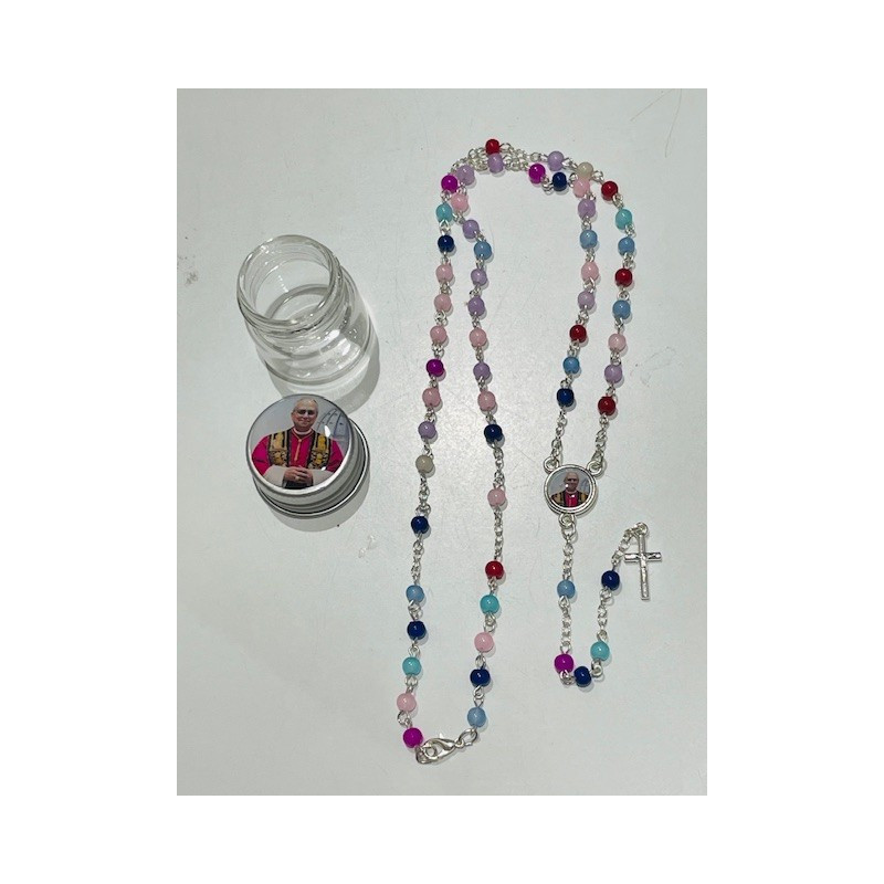 Chapelet perles en verre 3mm sur chaîne argenté avec fermoir et boîte Pape Léon XIV
