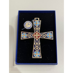 Croix bronze d'art, Alpha Omega, fond bleu marine, Alfred Partant