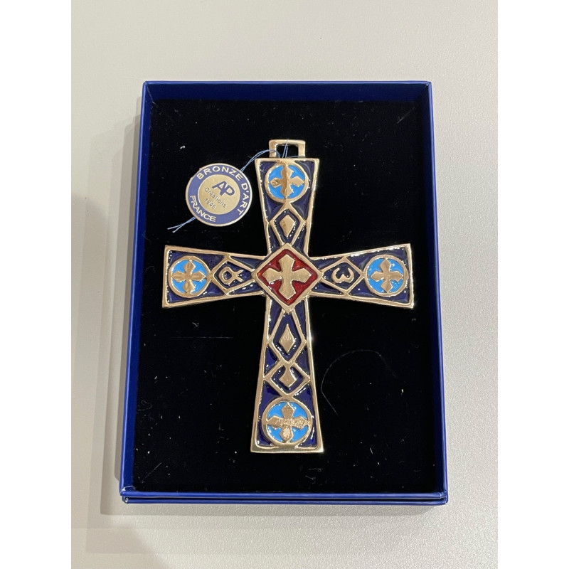 Croix bronze d'art, Alpha Omega, fond bleu marine, Alfred Partant