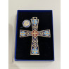 Croix bronze d'art, Alpha Omega, fond bleu marine, Alfred Partant
