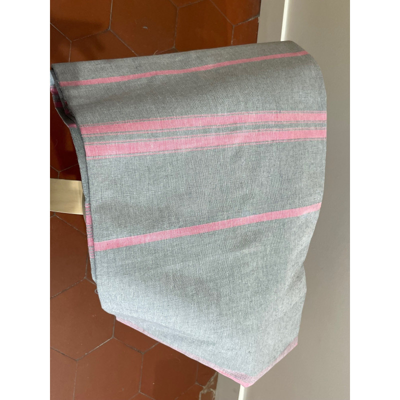 Dessus de lit ou nappe d'Akhmin 145* 280 cm, gris et rayures roses, AHEED