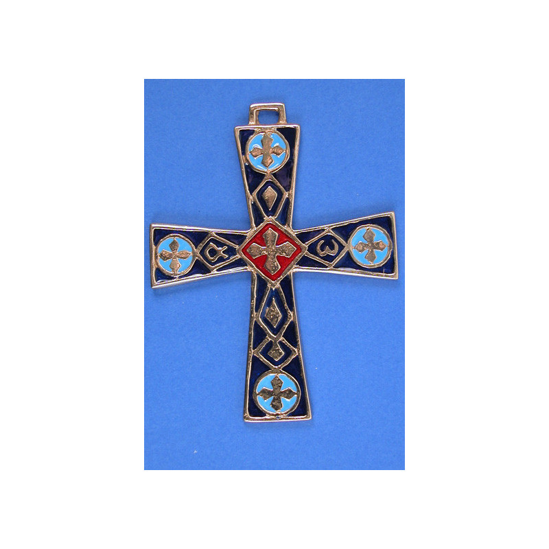 Croix bronze d'art, Alpha Omega, fond bleu marine, Partant