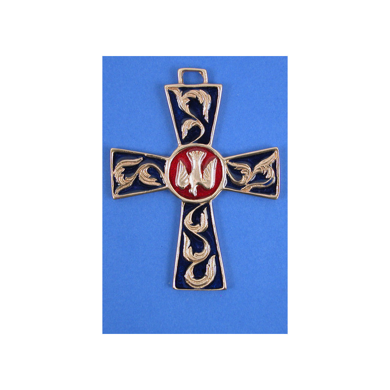 Croix bronze colombe bleu marine, centre rouge, Partant