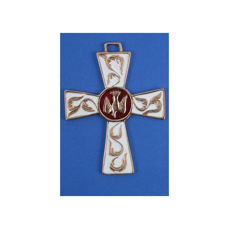 Croix bronze colombe émail blanc, centre rouge, Partant