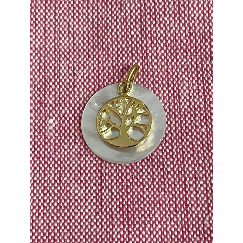 Pendentif arbre de vie nacre et plaqué or, 1,8 cm de diamètre, Partant