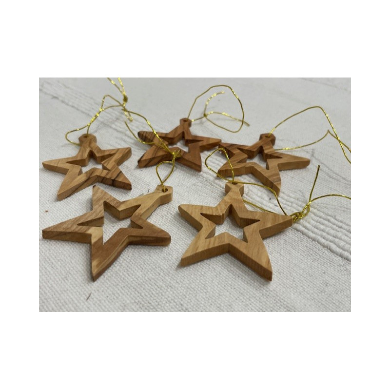 Décoration de noël, 5 étoiles en bois d'olivier, Terre Sainte, Béthléem