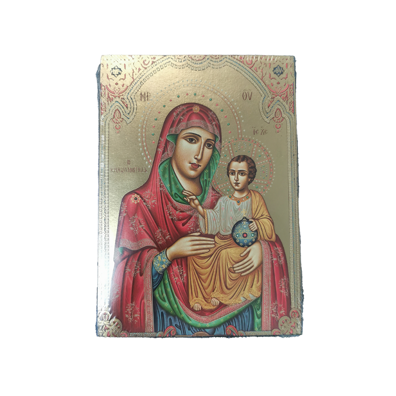 Icône plate Vierge de Jérusalem rouge, 10.5x13.5cm