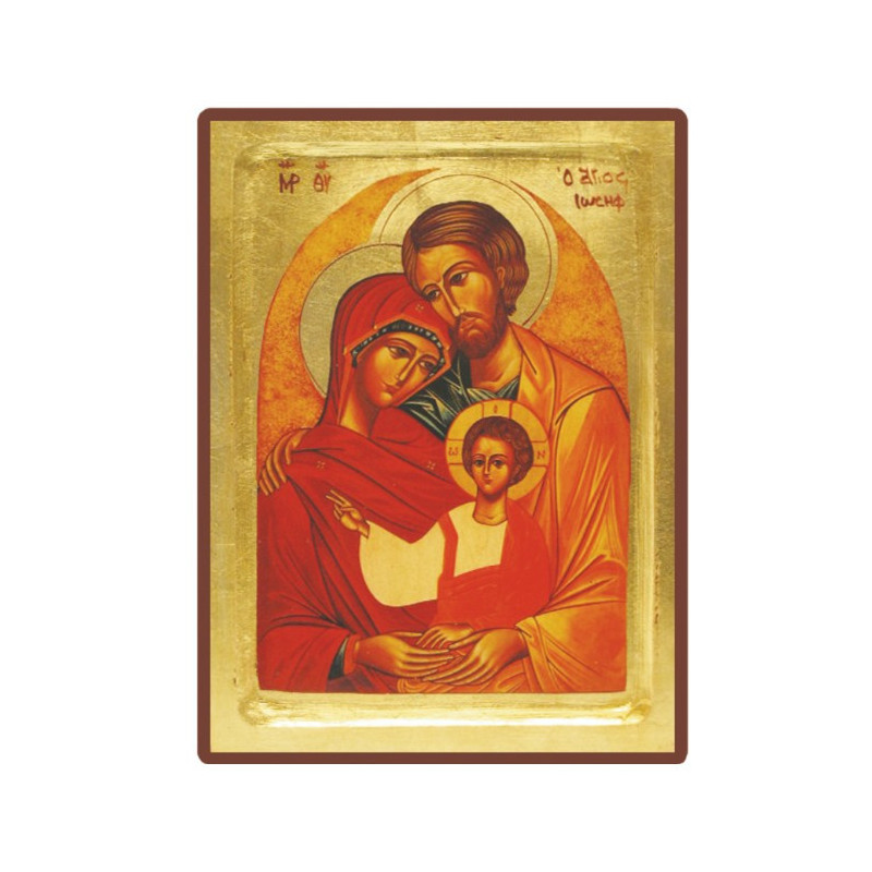 Icône de la Sainte Famille,  dorée et  incurvée, 10,5 x 13 cm, fabriquée en Grèce