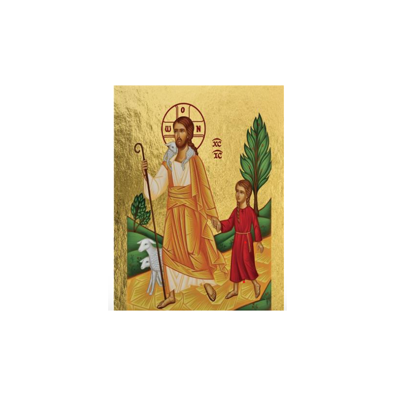 Icône dorée à la feuille,  Jésus le Bon Berger conduisant une petite fille, Les Clémences