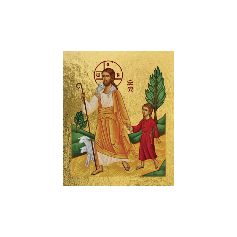 Icone Jésus le Bon Berger conduisant une petite fille, 9,8 x 8 cm, les clémences