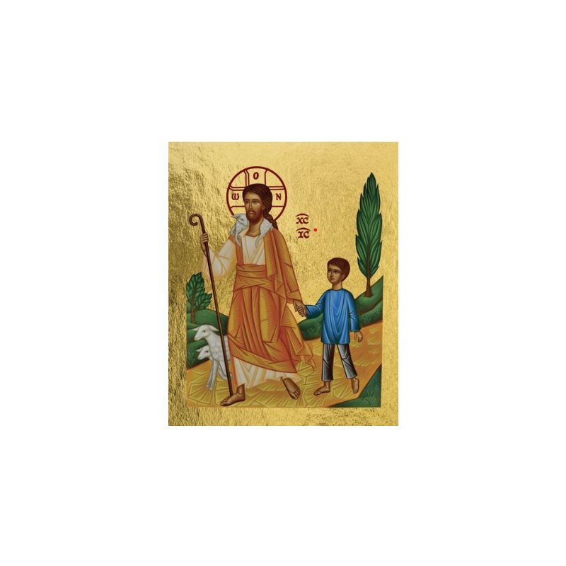Icône Jésus le Bon Berger conduisant un petit garçon, dorée à la feuille, 11.8 x 14.2 cm, Les Clémences
