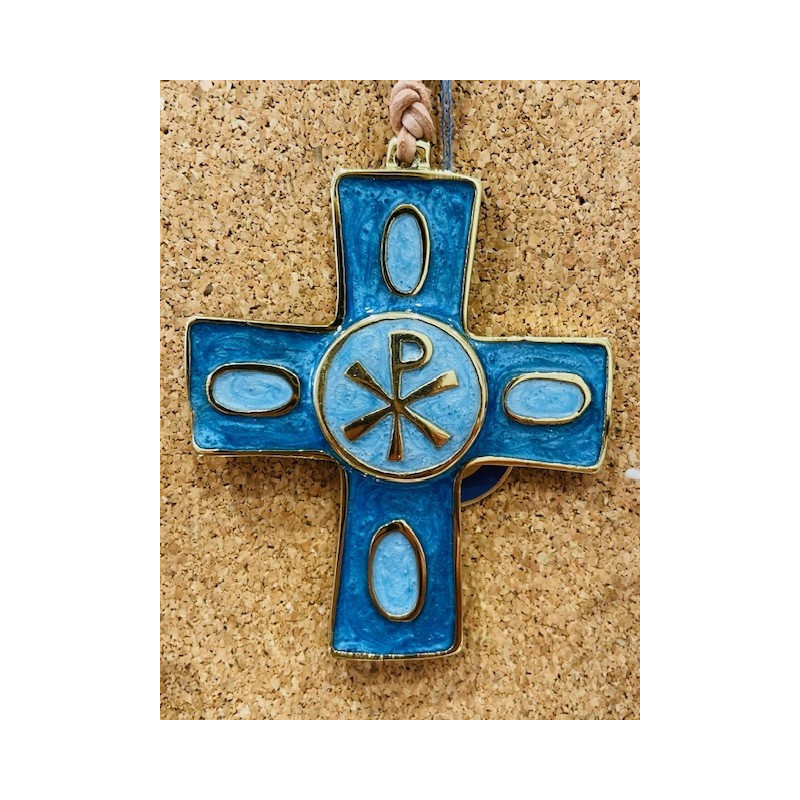 Croix en bronze d'art bleue avec chrisme, petit format (7.5 cm), Partant