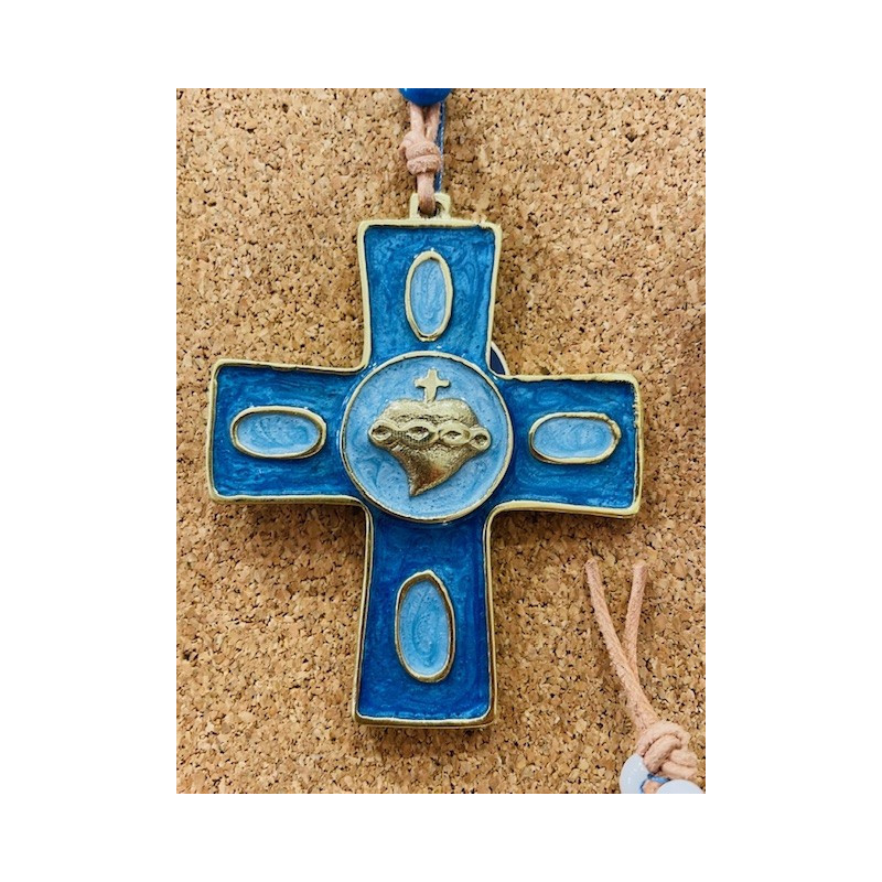 Croix en bronze d'art bleue avec Sacré Coeur, petit format (7.5 cm), Partant
