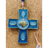 Croix en bronze d'art bleue avec Sacré Coeur, petit format (7.5 cm), Partant