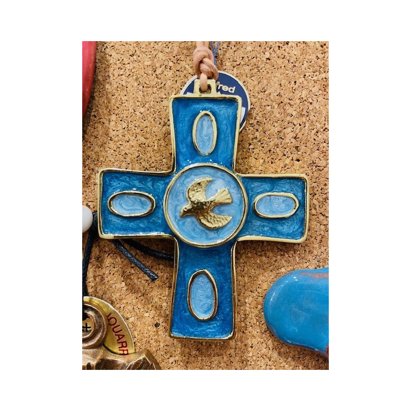 Croix en bronze d'art bleue avec colombe, petit format (7.5 cm), Partant