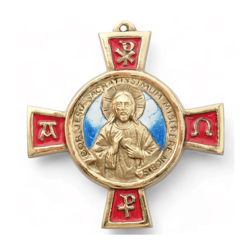 Croix Jésus Sacré Coeur en bronze et émail, 11cm, Les Tailleurs d'Images