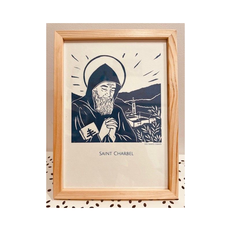 Saint Charbel , A5, avec encadrement en bois, Des Saints Gravés