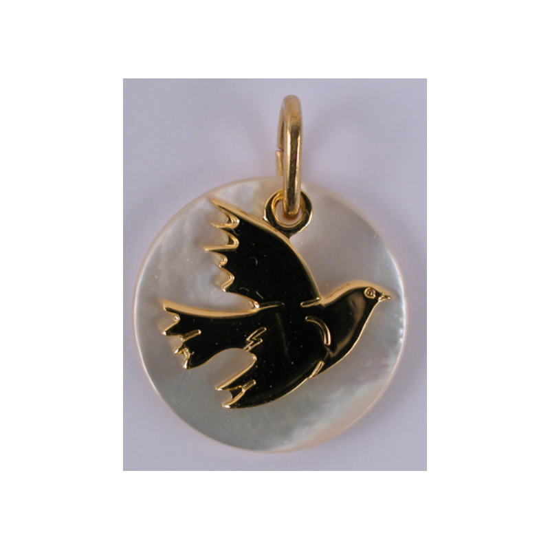 Pendentif médaille, colombe plaqué or sur nacre, 1.5 cm de diamètre, Partant