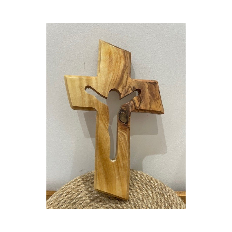 Croix en bois d'olivier, Christ Ressuscité, 9 x 13 cm, Fabriquée à Béthléem