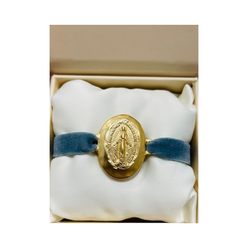 Bracelet médaille miraculeuse, bracelet bleu, plaqué or, Deo Gratias