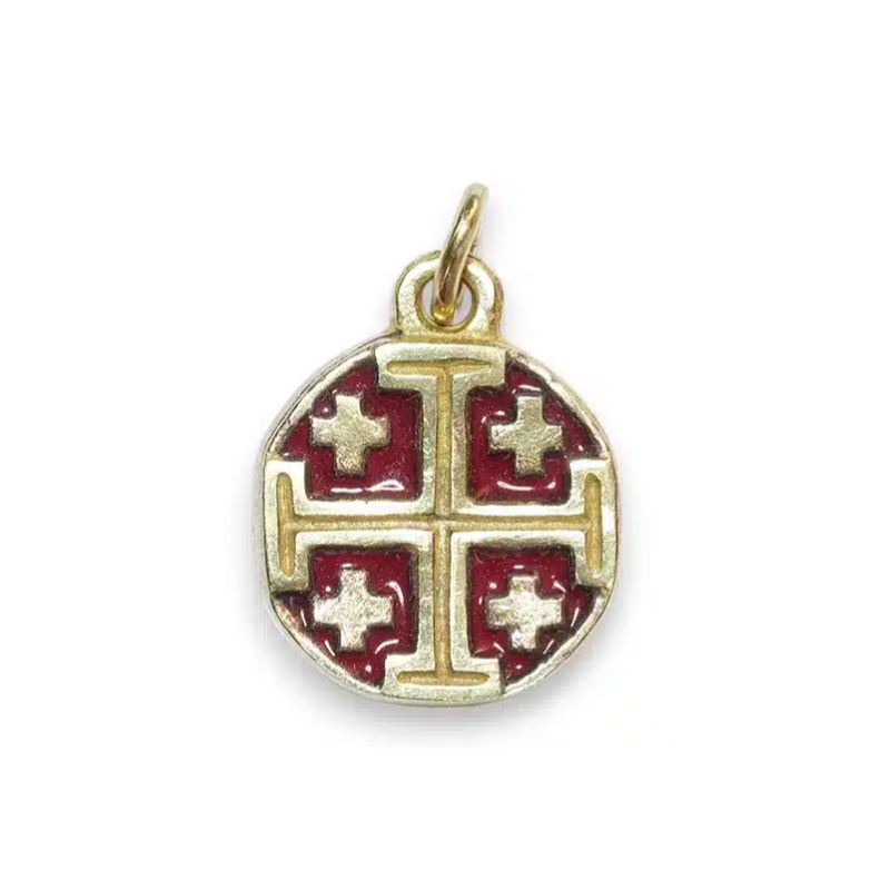 Pendentif d'art, Croix de Jérusalem rouge en bronze émaillé, 2 cm, les Tailleurs d'Images