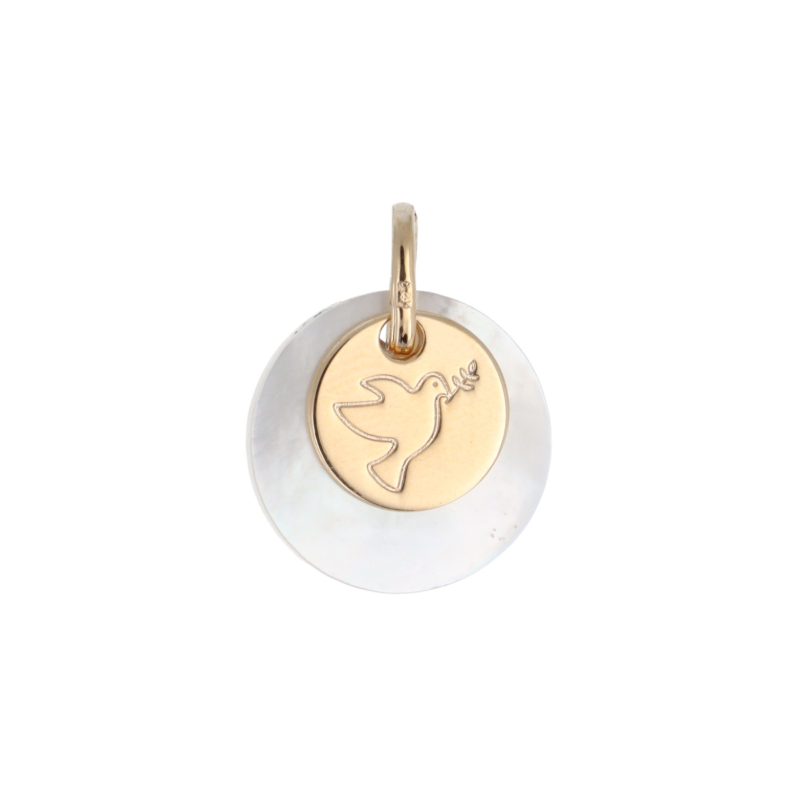 Médaille en nacre et plaqué or, Colombe et brin d'olivier, 1.5 cm