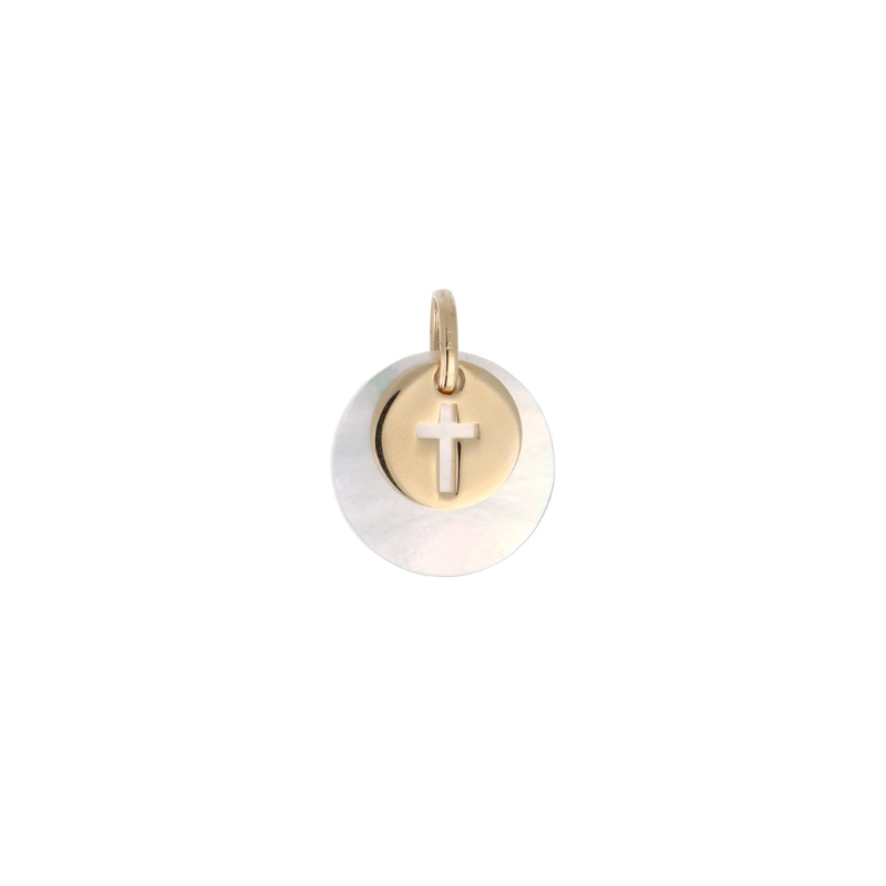 Médaille en nacre et plaqué or, Croix ajourée, 1.5 cm