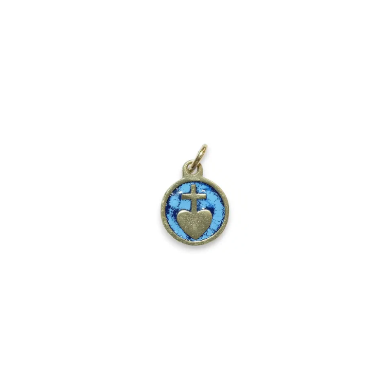Pendentif médaille Sacré Coeur bronze émaillé, bleu, tour doré, 1.6cm, Les Tailleurs d'Images