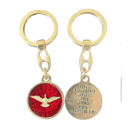 Porte-clés Saint Esprit emaillé rouge et métal doré,  3 cm