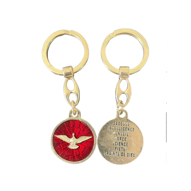 Porte-clés Saint Esprit emaillé rouge et métal doré,  3 cm