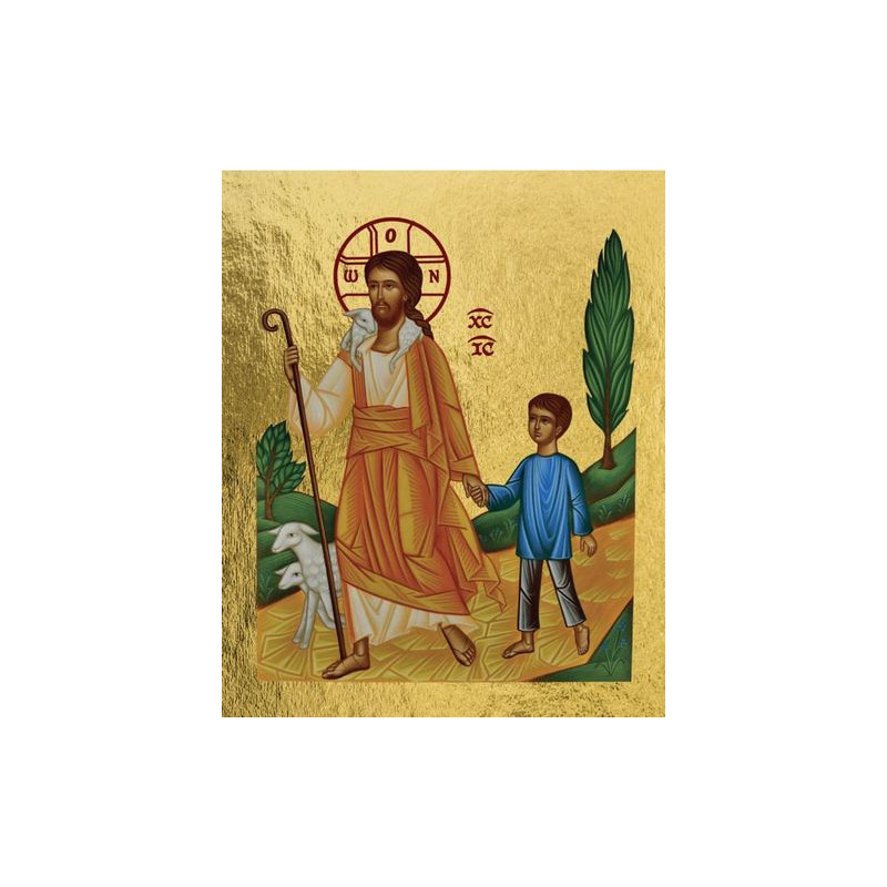 Mini icône autocollante Jésus le bon berger conduisant un petit garçon 8x6.5 cm, Les Clémences