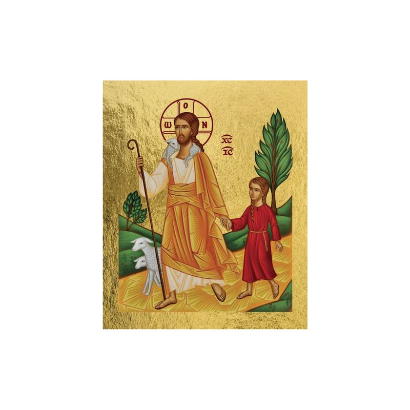 Mini icône autocollante Jésus le bon berger conduisant une petite fille 8x6.5 cm, Les Clémences
