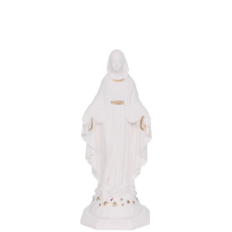 Statue Vierge Miraculeuse en résine et poudre de marbre blanche avec filet doré, 12 cm